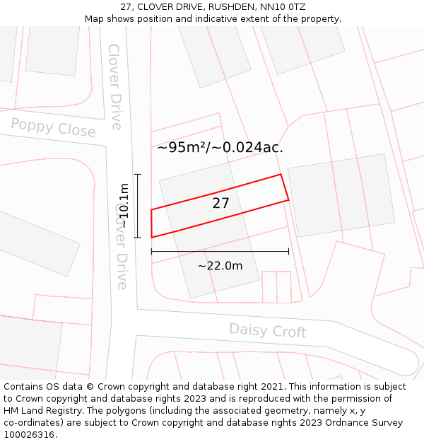 27, CLOVER DRIVE, RUSHDEN, NN10 0TZ: Plot and title map
