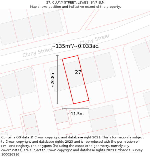 27, CLUNY STREET, LEWES, BN7 1LN: Plot and title map