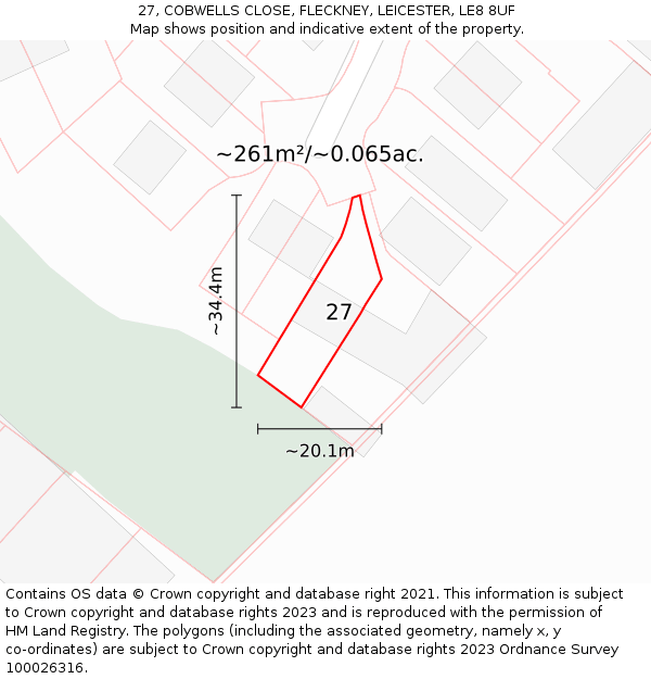 27, COBWELLS CLOSE, FLECKNEY, LEICESTER, LE8 8UF: Plot and title map