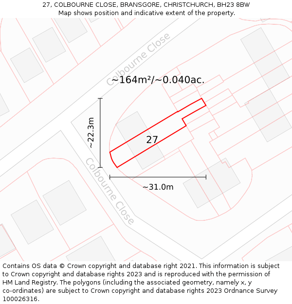 27, COLBOURNE CLOSE, BRANSGORE, CHRISTCHURCH, BH23 8BW: Plot and title map
