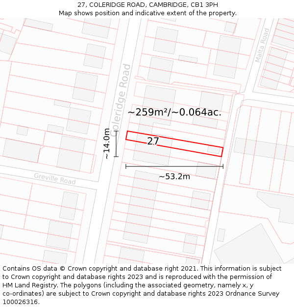 27, COLERIDGE ROAD, CAMBRIDGE, CB1 3PH: Plot and title map
