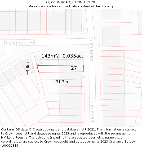 27, COLIN ROAD, LUTON, LU2 7RU: Plot and title map