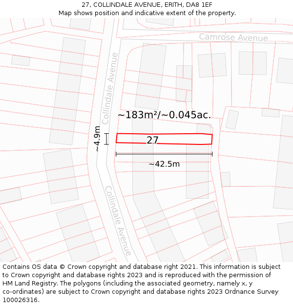 27, COLLINDALE AVENUE, ERITH, DA8 1EF: Plot and title map