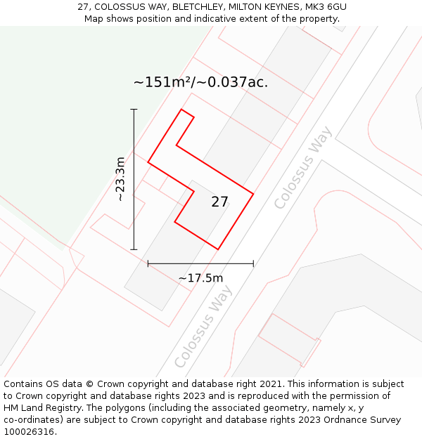 27, COLOSSUS WAY, BLETCHLEY, MILTON KEYNES, MK3 6GU: Plot and title map