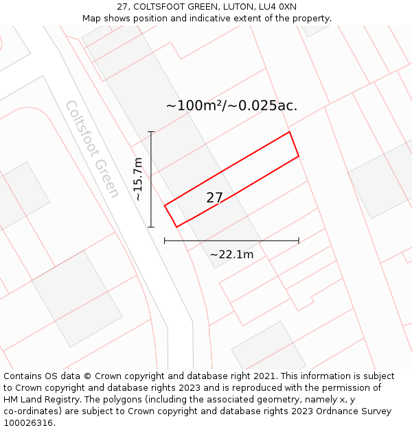 27, COLTSFOOT GREEN, LUTON, LU4 0XN: Plot and title map