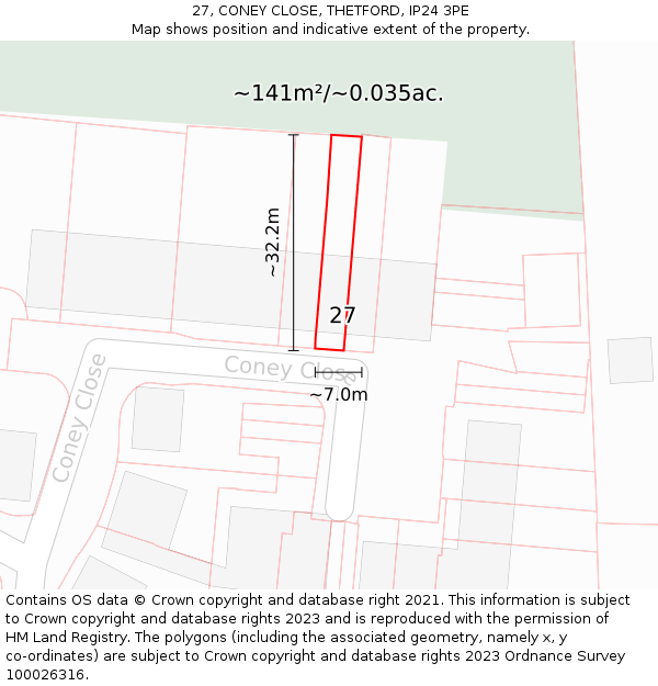 27, CONEY CLOSE, THETFORD, IP24 3PE: Plot and title map