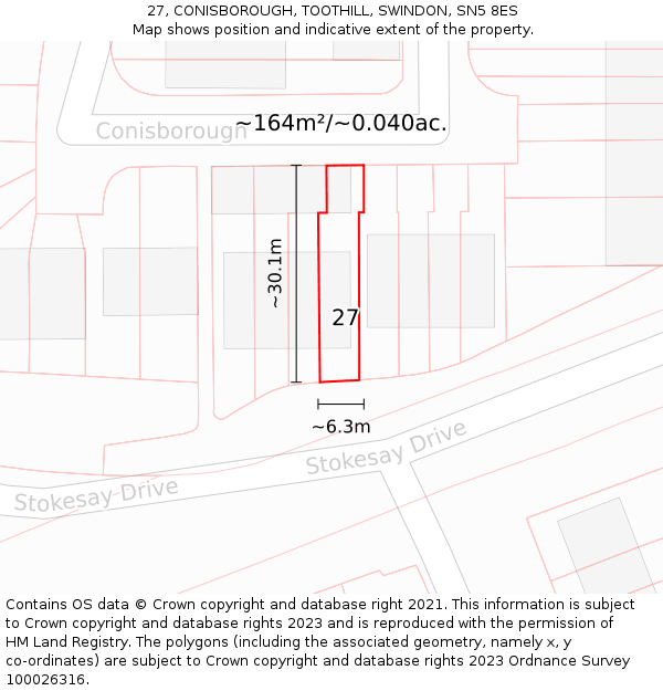 27, CONISBOROUGH, TOOTHILL, SWINDON, SN5 8ES: Plot and title map