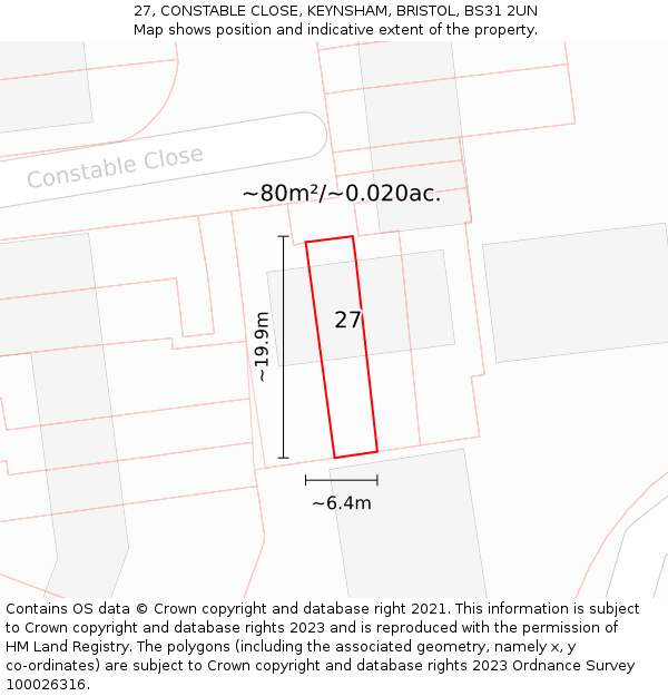 27, CONSTABLE CLOSE, KEYNSHAM, BRISTOL, BS31 2UN: Plot and title map