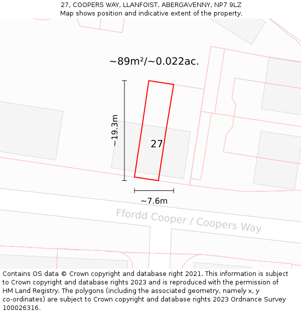 27, COOPERS WAY, LLANFOIST, ABERGAVENNY, NP7 9LZ: Plot and title map