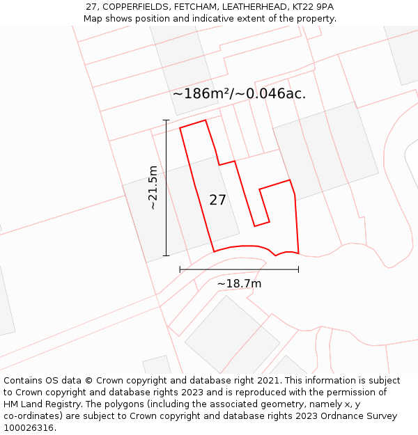 27, COPPERFIELDS, FETCHAM, LEATHERHEAD, KT22 9PA: Plot and title map