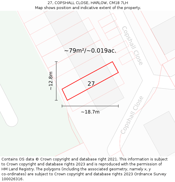 27, COPSHALL CLOSE, HARLOW, CM18 7LH: Plot and title map