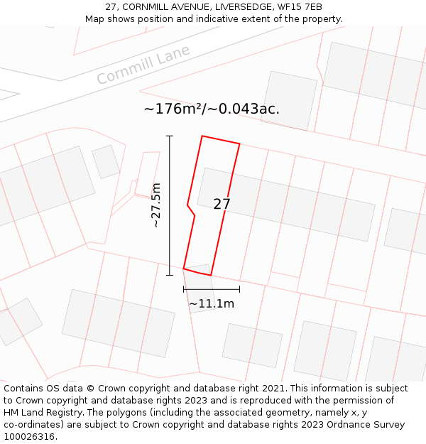 27, CORNMILL AVENUE, LIVERSEDGE, WF15 7EB: Plot and title map