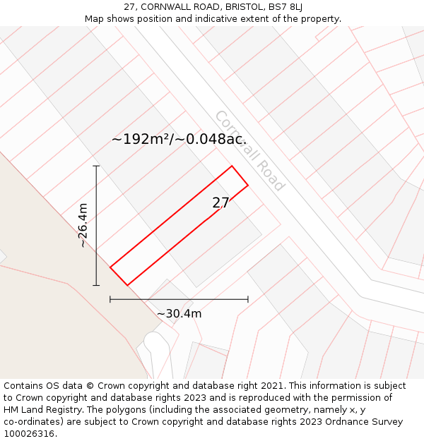 27, CORNWALL ROAD, BRISTOL, BS7 8LJ: Plot and title map