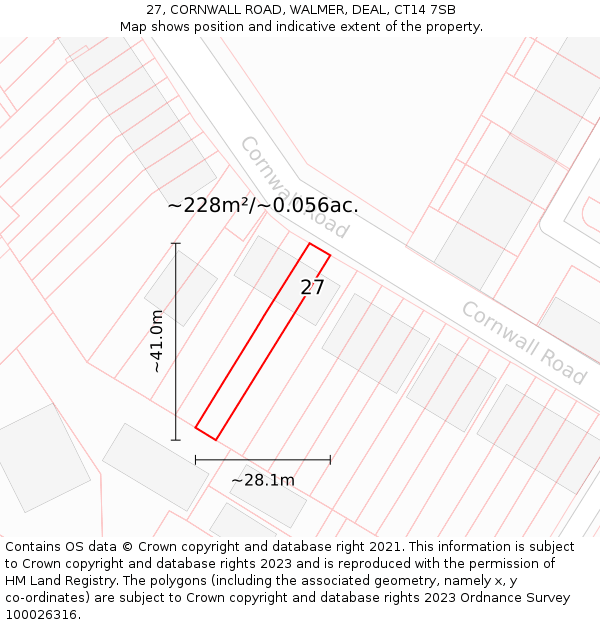 27, CORNWALL ROAD, WALMER, DEAL, CT14 7SB: Plot and title map