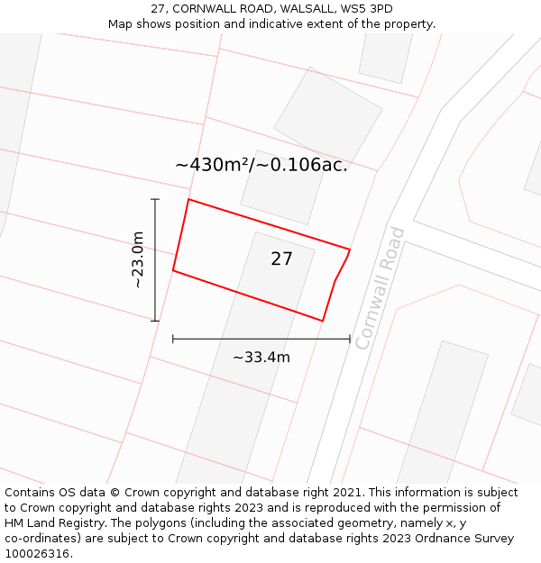 27, CORNWALL ROAD, WALSALL, WS5 3PD: Plot and title map