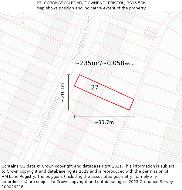 27, CORONATION ROAD, DOWNEND, BRISTOL, BS16 5SN: Plot and title map