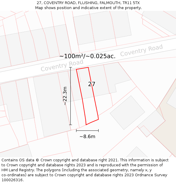 27, COVENTRY ROAD, FLUSHING, FALMOUTH, TR11 5TX: Plot and title map