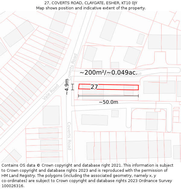 27, COVERTS ROAD, CLAYGATE, ESHER, KT10 0JY: Plot and title map