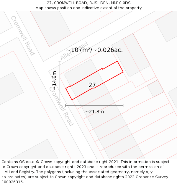 27, CROMWELL ROAD, RUSHDEN, NN10 0DS: Plot and title map