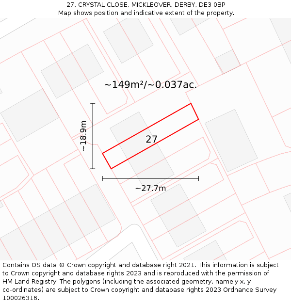 27, CRYSTAL CLOSE, MICKLEOVER, DERBY, DE3 0BP: Plot and title map