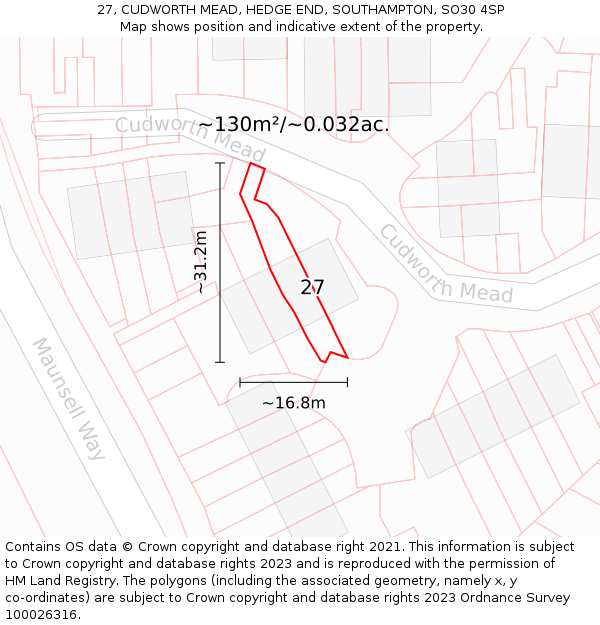 27, CUDWORTH MEAD, HEDGE END, SOUTHAMPTON, SO30 4SP: Plot and title map