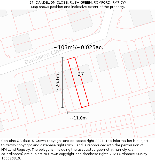27, DANDELION CLOSE, RUSH GREEN, ROMFORD, RM7 0YY: Plot and title map