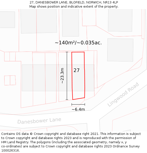 27, DANESBOWER LANE, BLOFIELD, NORWICH, NR13 4LP: Plot and title map