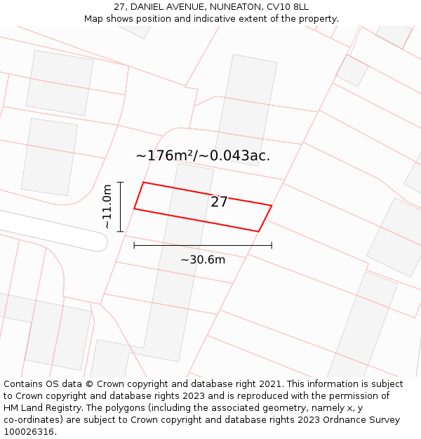 27, DANIEL AVENUE, NUNEATON, CV10 8LL: Plot and title map