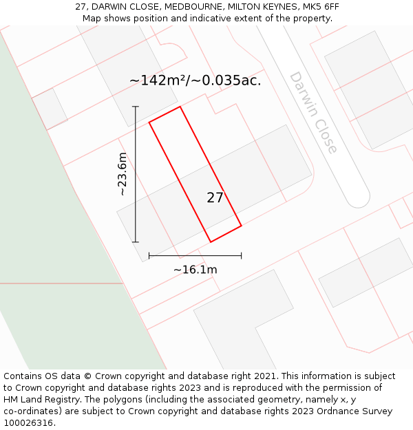 27, DARWIN CLOSE, MEDBOURNE, MILTON KEYNES, MK5 6FF: Plot and title map