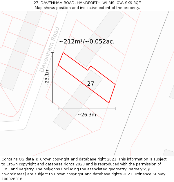 27, DAVENHAM ROAD, HANDFORTH, WILMSLOW, SK9 3QE: Plot and title map