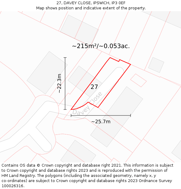 27, DAVEY CLOSE, IPSWICH, IP3 0EF: Plot and title map