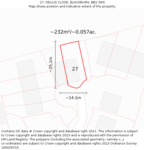 27, DELIUS CLOSE, BLACKBURN, BB2 3WS: Plot and title map