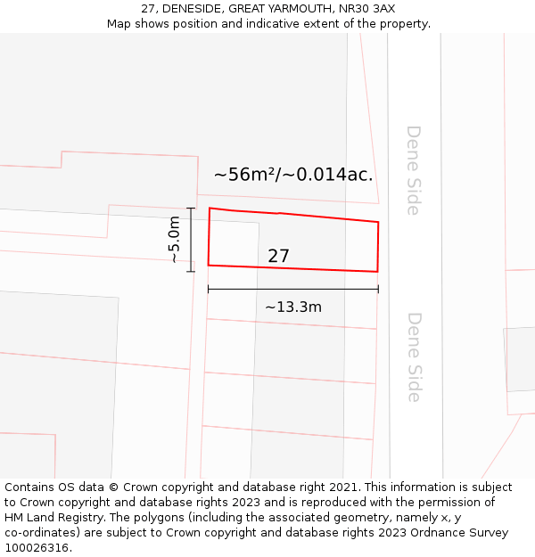 27, DENESIDE, GREAT YARMOUTH, NR30 3AX: Plot and title map