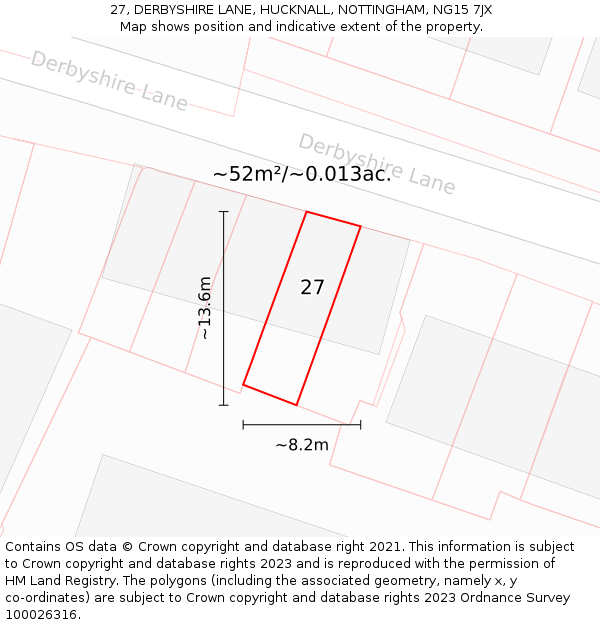 27, DERBYSHIRE LANE, HUCKNALL, NOTTINGHAM, NG15 7JX: Plot and title map