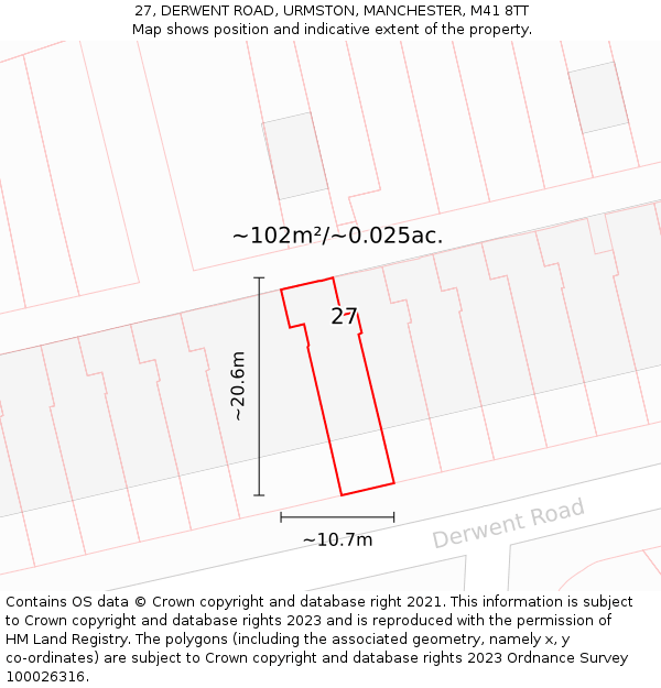 27, DERWENT ROAD, URMSTON, MANCHESTER, M41 8TT: Plot and title map