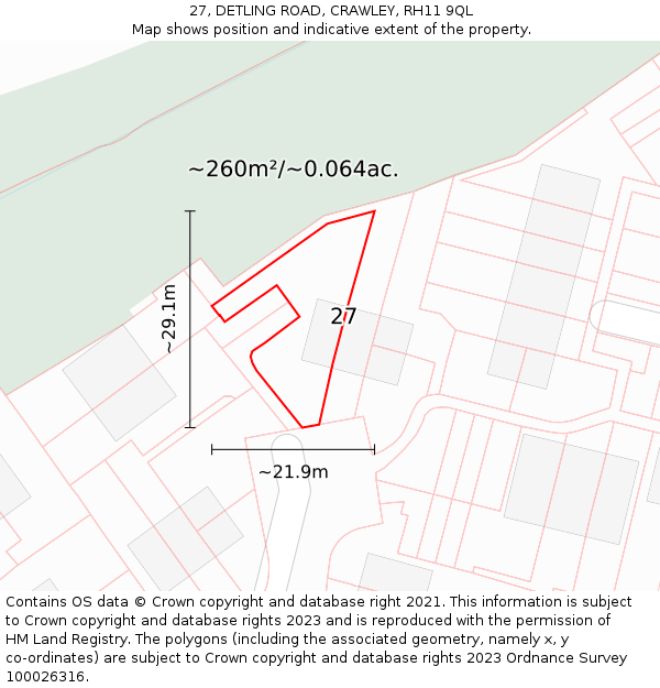 27, DETLING ROAD, CRAWLEY, RH11 9QL: Plot and title map