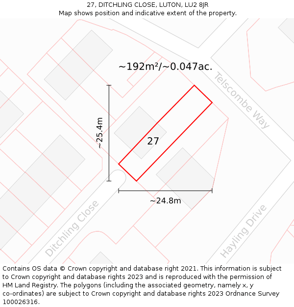 27, DITCHLING CLOSE, LUTON, LU2 8JR: Plot and title map