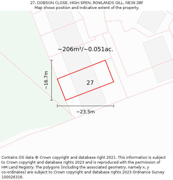 27, DOBSON CLOSE, HIGH SPEN, ROWLANDS GILL, NE39 2BF: Plot and title map