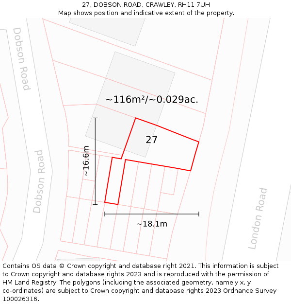 27, DOBSON ROAD, CRAWLEY, RH11 7UH: Plot and title map