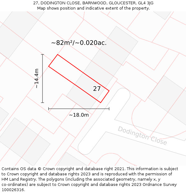 27, DODINGTON CLOSE, BARNWOOD, GLOUCESTER, GL4 3JG: Plot and title map