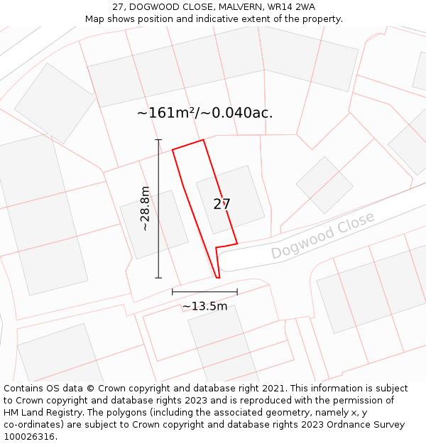 27, DOGWOOD CLOSE, MALVERN, WR14 2WA: Plot and title map