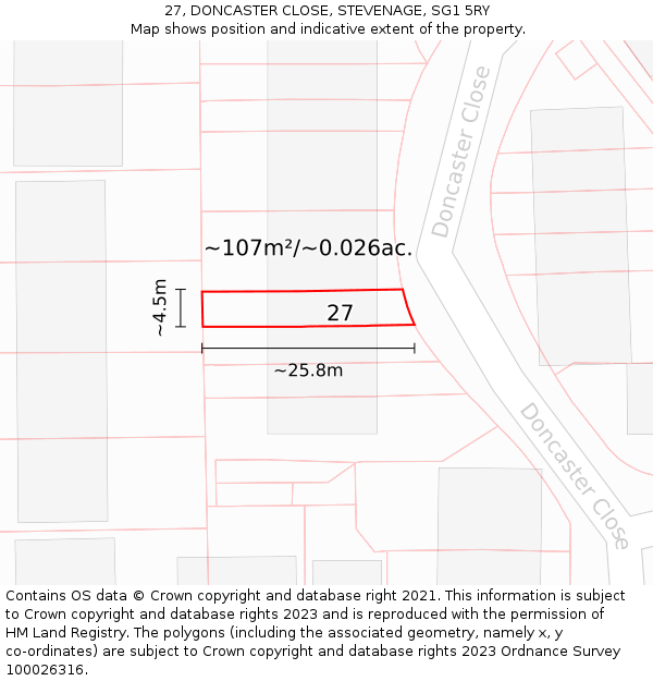 27, DONCASTER CLOSE, STEVENAGE, SG1 5RY: Plot and title map