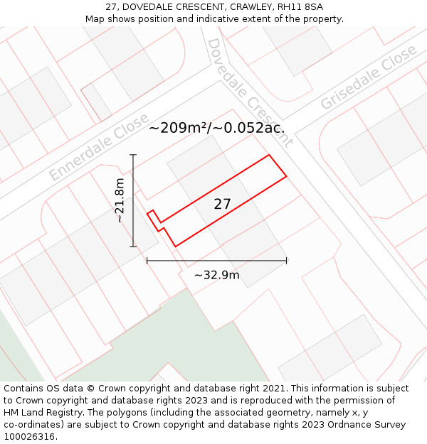 27, DOVEDALE CRESCENT, CRAWLEY, RH11 8SA: Plot and title map