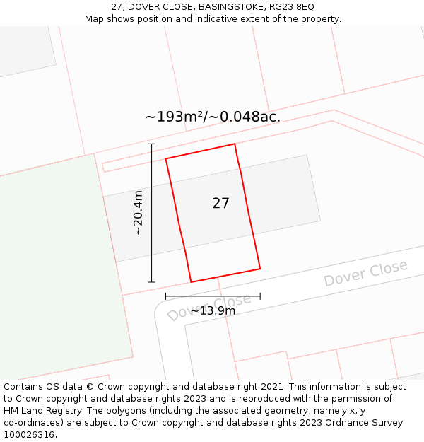 27, DOVER CLOSE, BASINGSTOKE, RG23 8EQ: Plot and title map