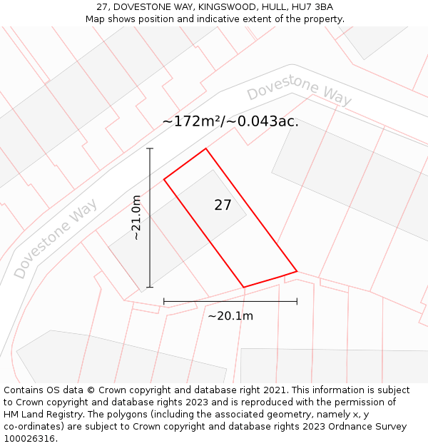 27, DOVESTONE WAY, KINGSWOOD, HULL, HU7 3BA: Plot and title map