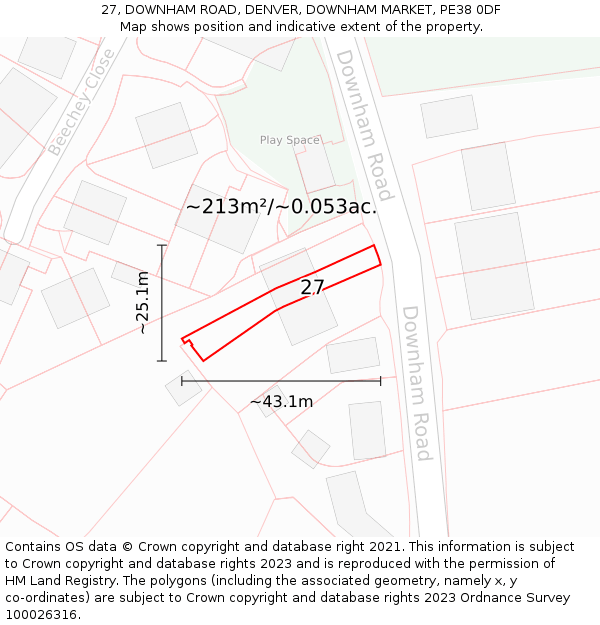 27, DOWNHAM ROAD, DENVER, DOWNHAM MARKET, PE38 0DF: Plot and title map