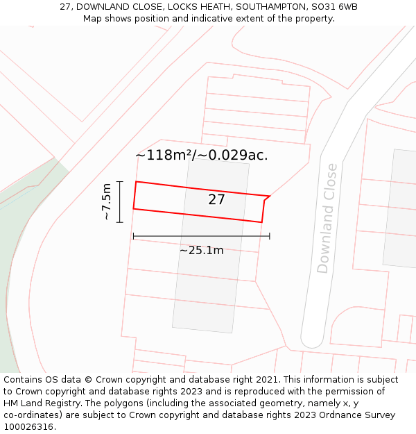 27, DOWNLAND CLOSE, LOCKS HEATH, SOUTHAMPTON, SO31 6WB: Plot and title map