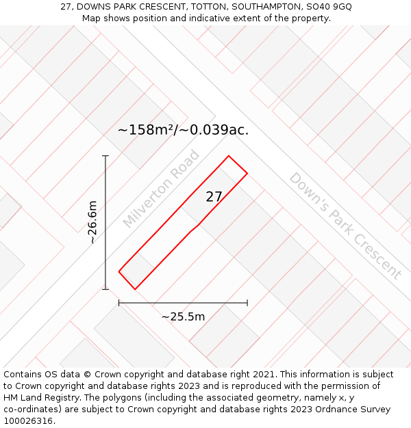 27, DOWNS PARK CRESCENT, TOTTON, SOUTHAMPTON, SO40 9GQ: Plot and title map