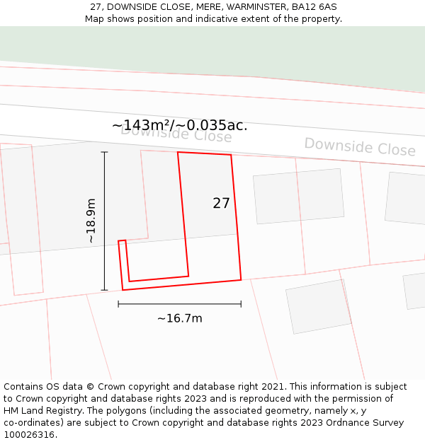 27, DOWNSIDE CLOSE, MERE, WARMINSTER, BA12 6AS: Plot and title map