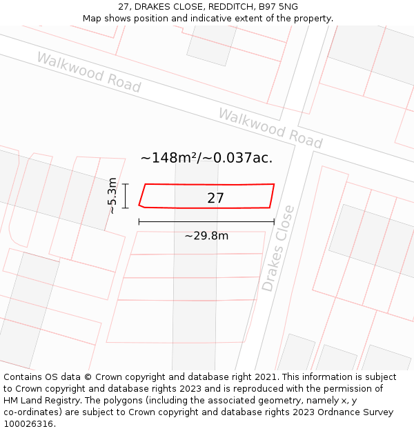27, DRAKES CLOSE, REDDITCH, B97 5NG: Plot and title map